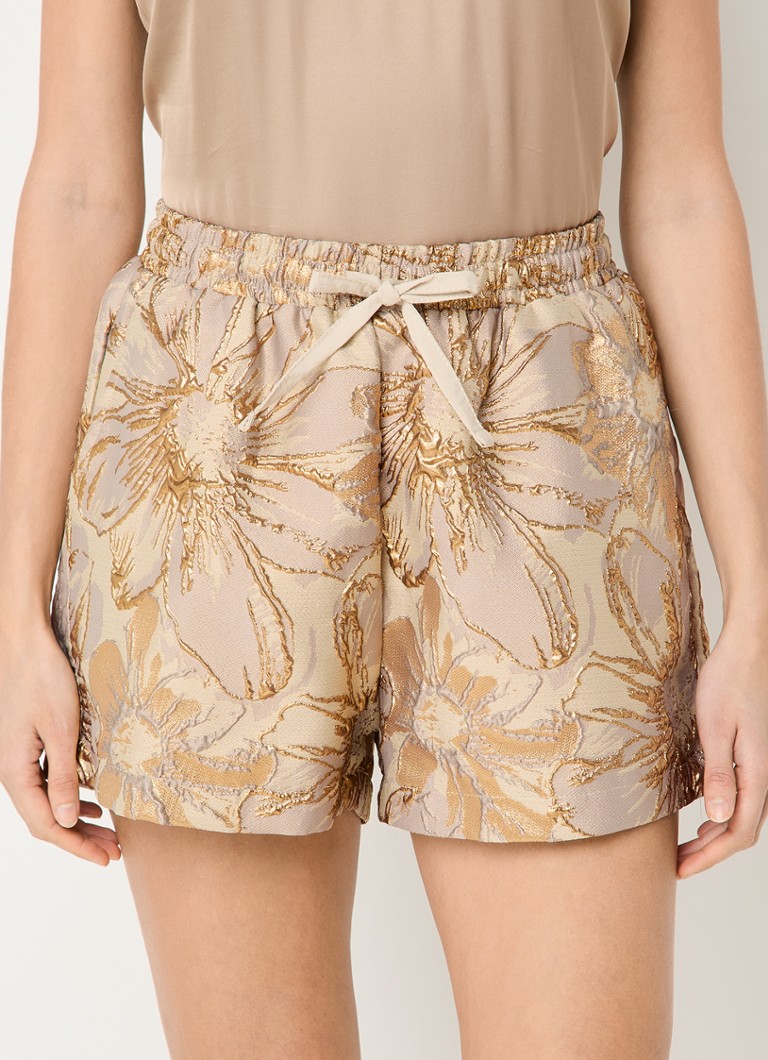 JOSH V - Florian high waist straight fit korte broek met jacquard dessin en lurex - Donkerbeige
