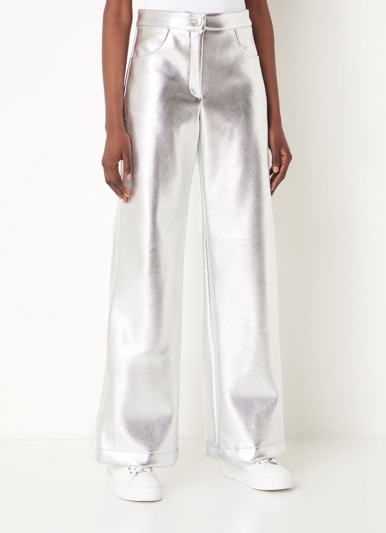 Laagam - High waist wide fit broek van imitatieleer met metallic finish - Zilver
