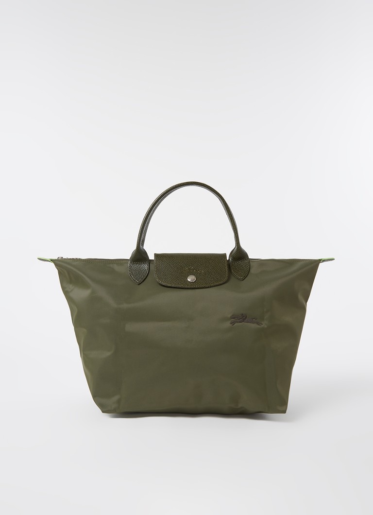 Longchamp - Le Pliage Green handtas M met leren details - Bronsgroen