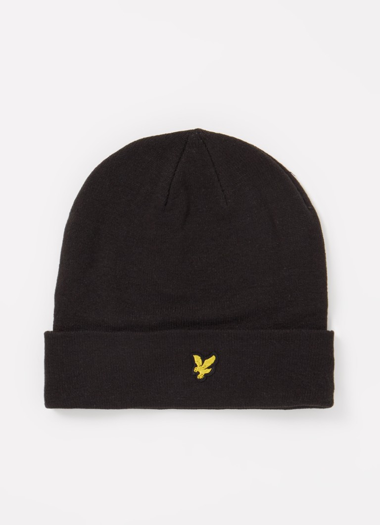 Lyle & Scott - Fijgebreide muts met logoborduring - Zwart