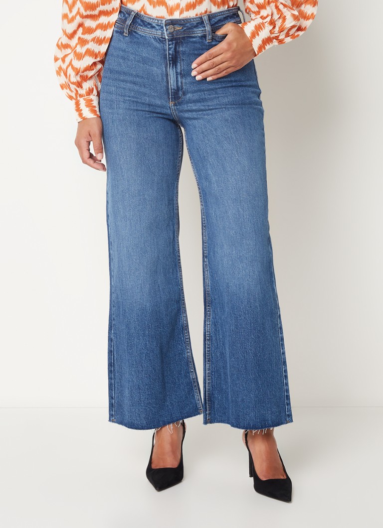 MANGO - Catherine high waist wide leg cropped jeans met gerafelde zoom - Indigo