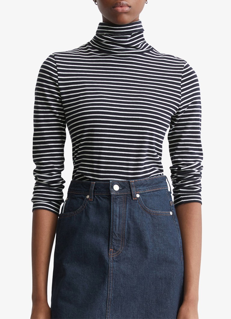 Marc O'Polo Denim - Longsleeve met streepprint en col - Donkerblauw