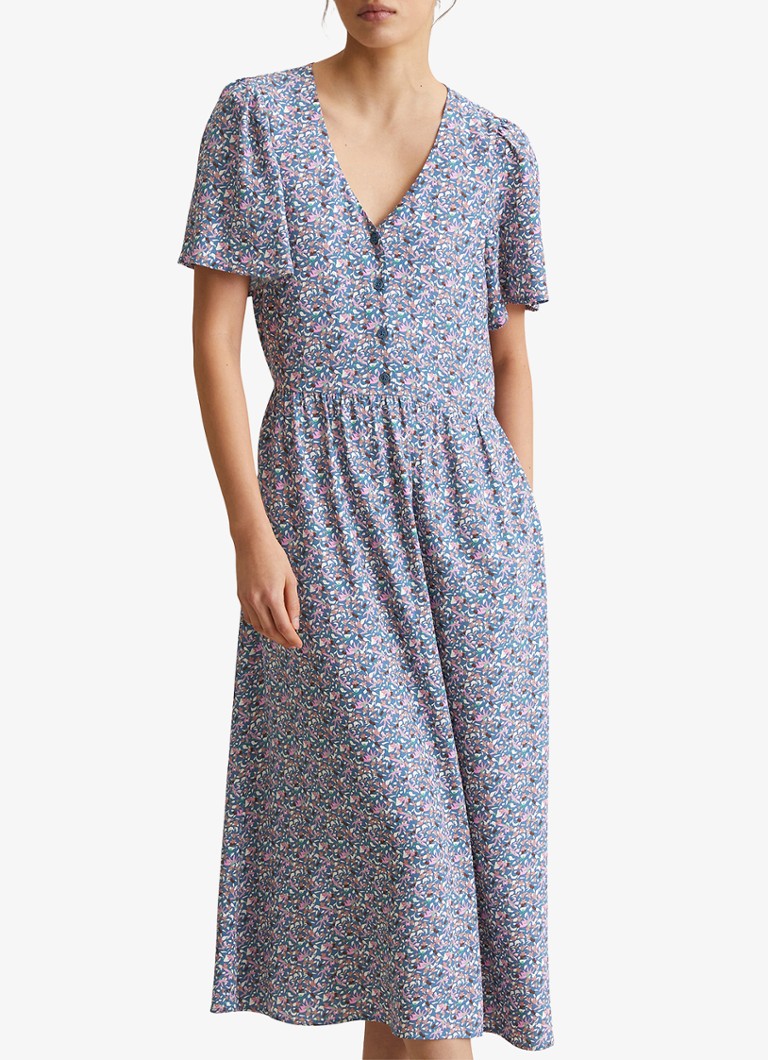 Marc O'Polo Denim - Midi blousejurk met print en strikceintuur - Blauw