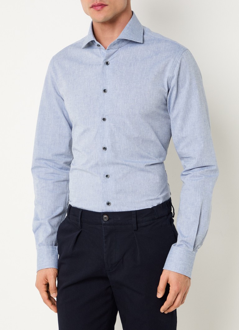Michaelis - Regular fit overhemd in linnenblend met gemêleerd dessin  - Lichtblauw