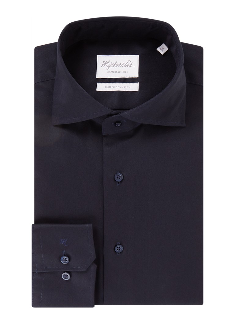 Michaelis - Slim fit strijkvrij overhemd met cut away kraag - Donkerblauw