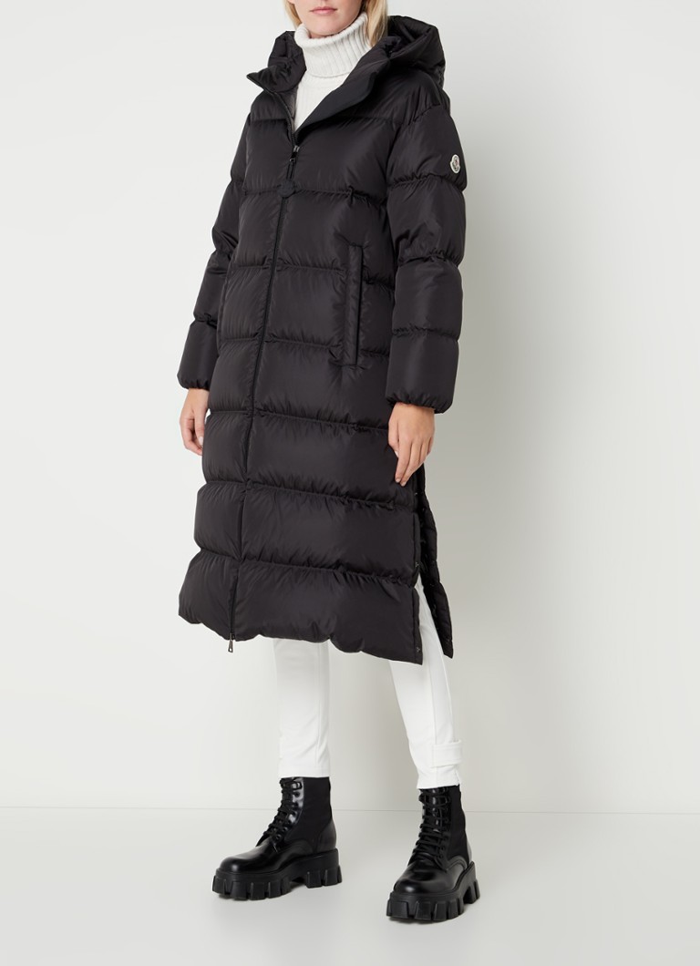 Moncler longline puffer met donsvulling en ritszakken • Zwart •