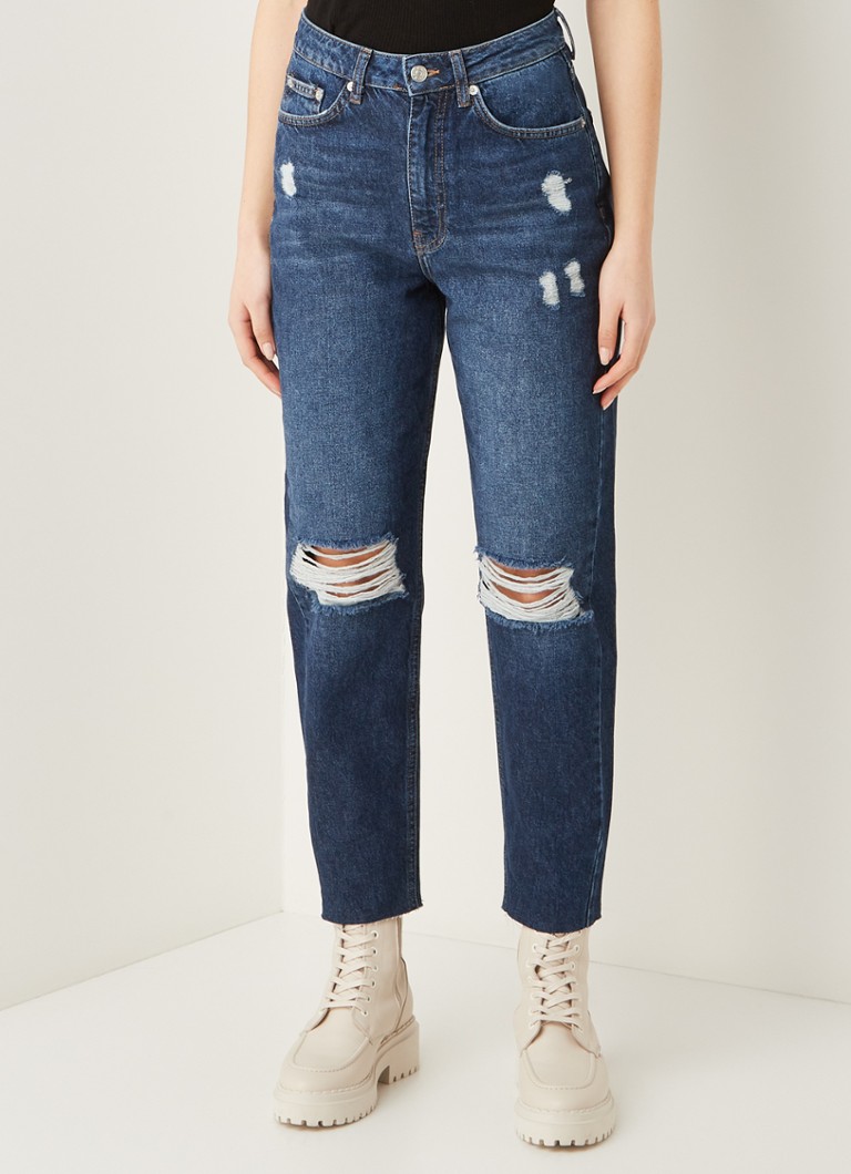 NA-KD - High waist tapered cropped jeans met ripped details - Indigo