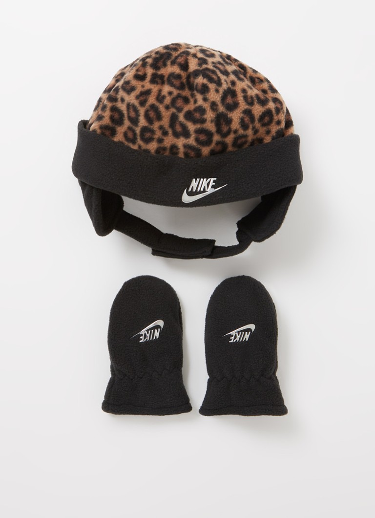 Nike - Muts en wanten met panterprint  - Zwart