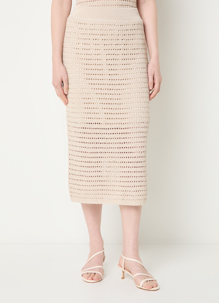 OPUS - Renisa grofgebreide midi rok met opengewerkt dessin - Beige
