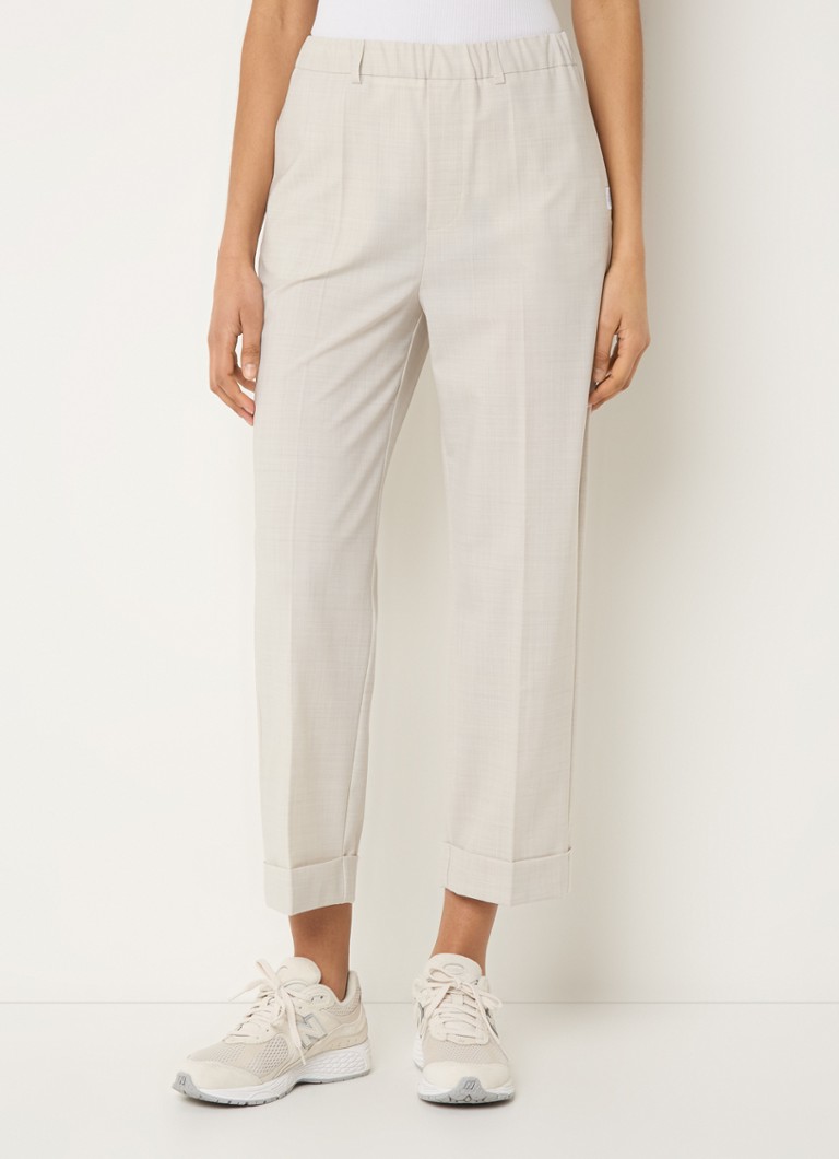 Penn & Ink - High waist straight fit cropped chino in wolblend met gemêleerd dessin - Beige