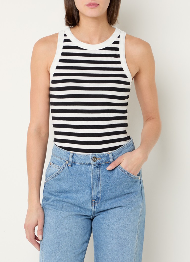 Penn & Ink - Ribgebreide tanktop met streepprint - Gebroken wit