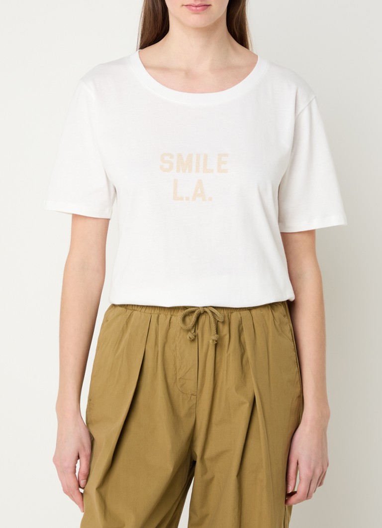 Penn & Ink - T-shirt met flockprint - Gebroken wit