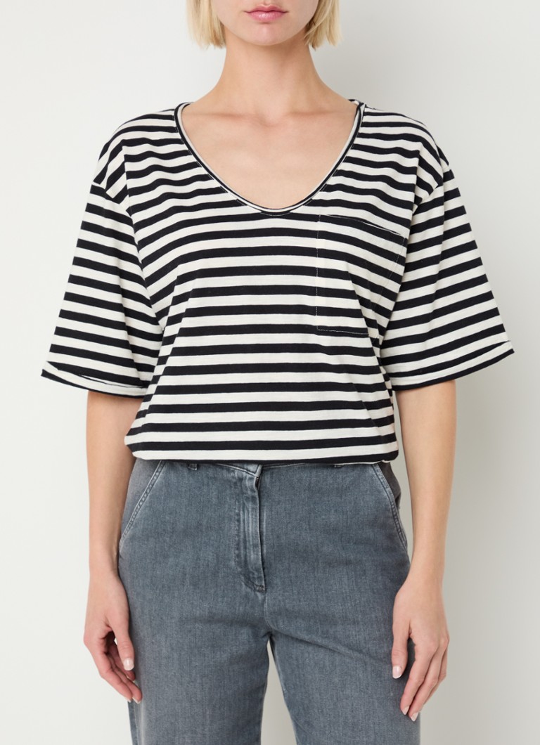 Penn & Ink - T-shirt met streepprint en borstzak - Zwart