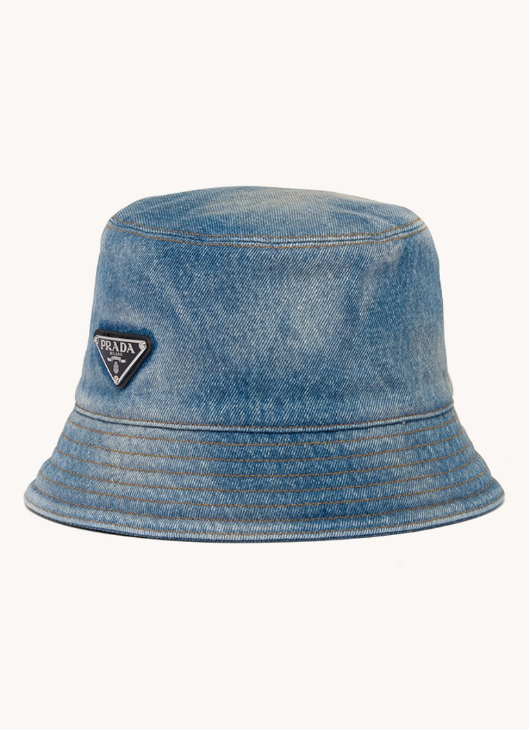 Prada Bucket hoed van denim met logo • Lichtblauw •