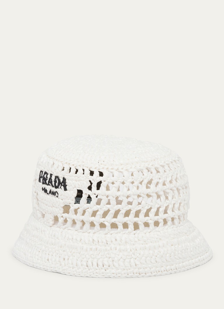 Prada - Raffia bucket hoed met logoborduring - Wit