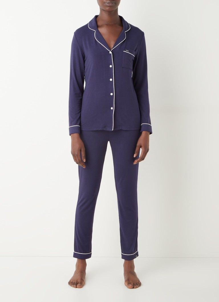Pretty You - Bamboo pyjamaset met contrasterende bies - Donkerblauw