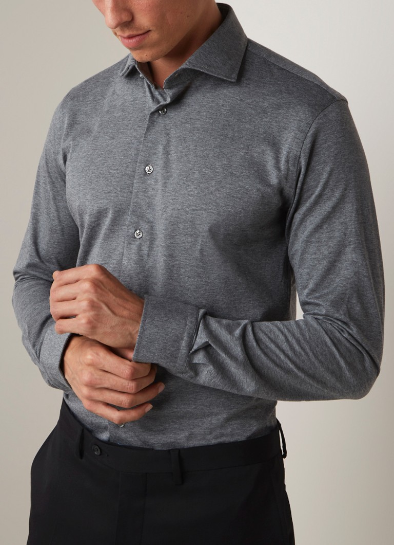 Profuomo - Knitted slim fit overhemd van jersey - Middengrijs