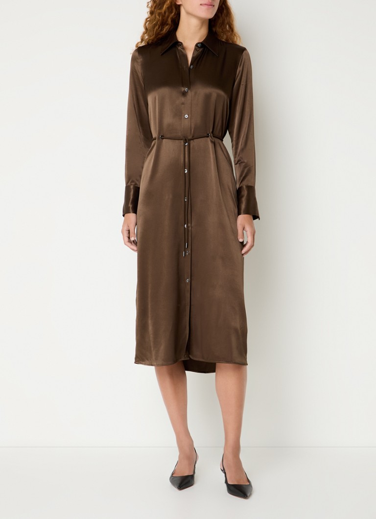 Rails - Anina midi blousejurk van satijn met strikceintuur - Bruin