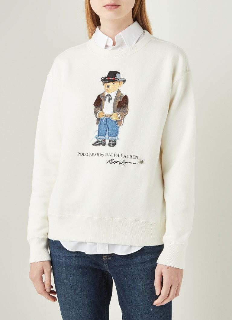 Ralph Lauren Cowboy Bear sweater met frontprint en applicatie • Gebroken  wit • 