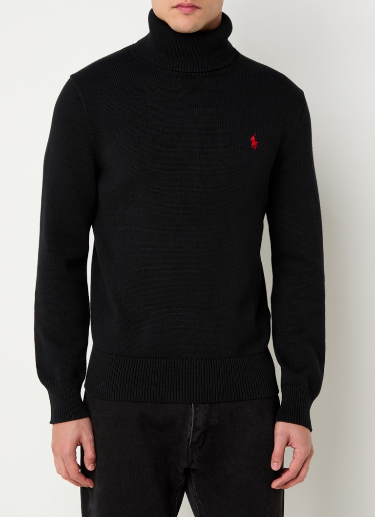Ralph Lauren - Grofgebreide coltrui met logoborduring - Polo Black / Zwart
