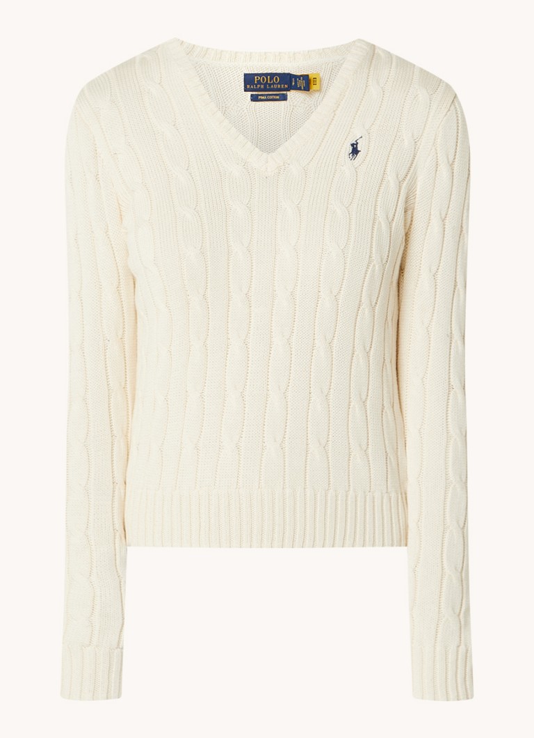 Ralph Lauren Kabelgebreide trui met V-hals • Gebroken wit