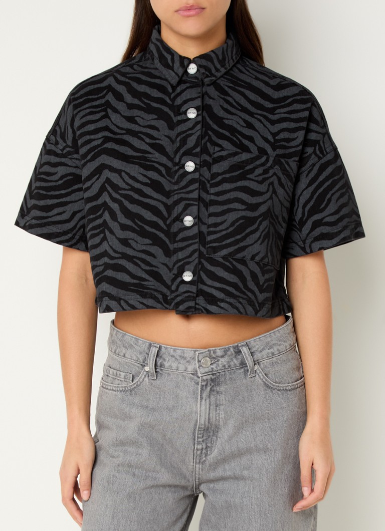 Refined Department - Adeline cropped blouse van denim met zebraprint - Zwart