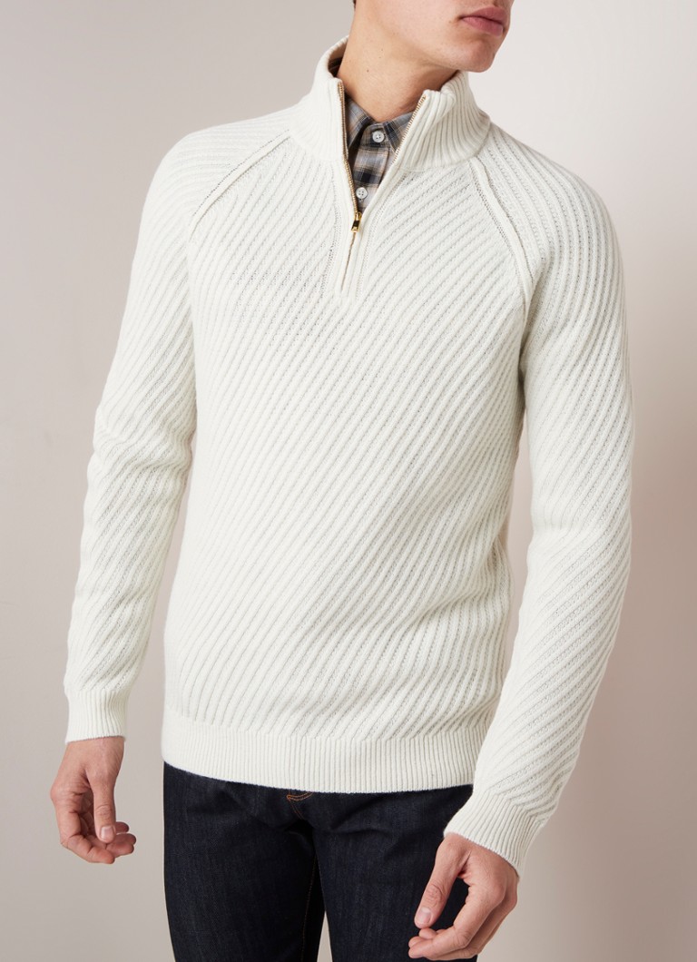 Reiss - Hilbert ribgebreide coltrui met halve rits  - Gebroken wit