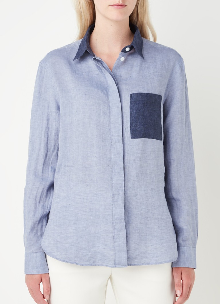 Reiss - Lianna blouse van linnen met borstzak - Staalblauw