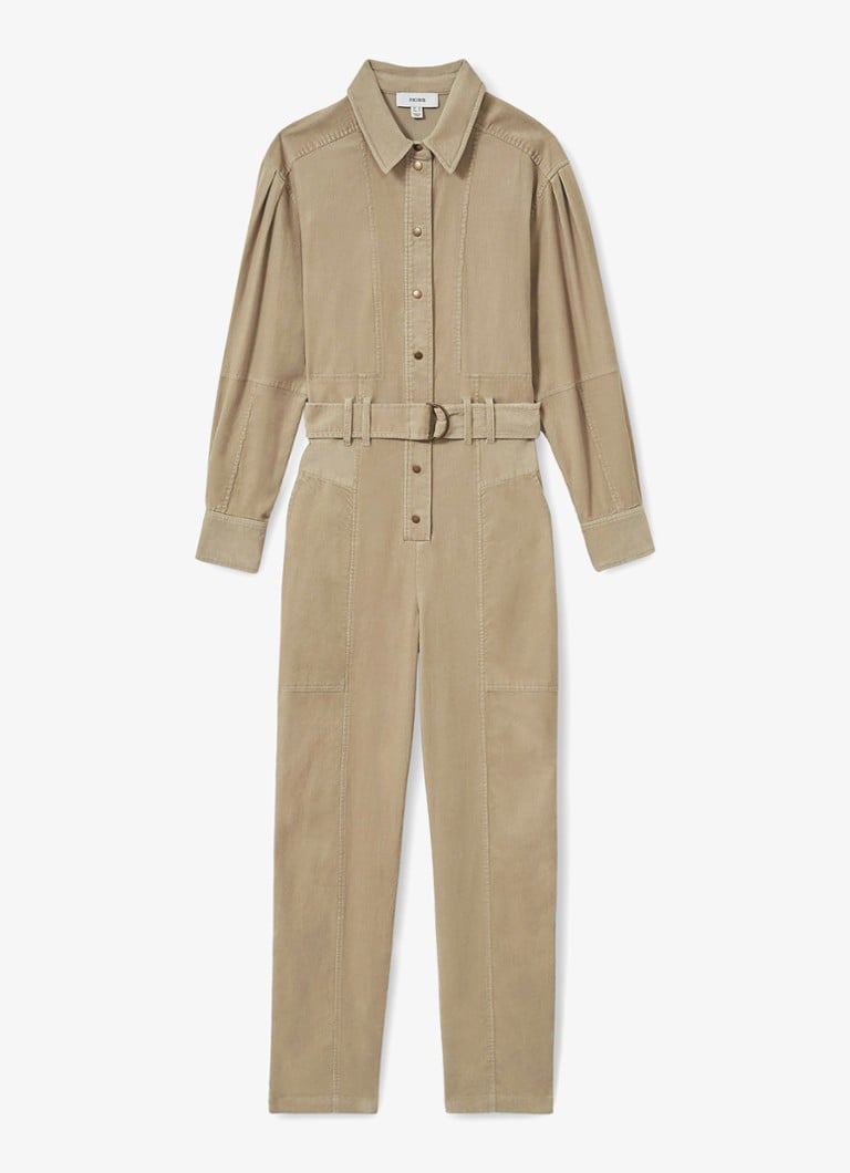 Reiss - Mara tapered fit jumpsuit van corduroy met ceintuur - Khaki