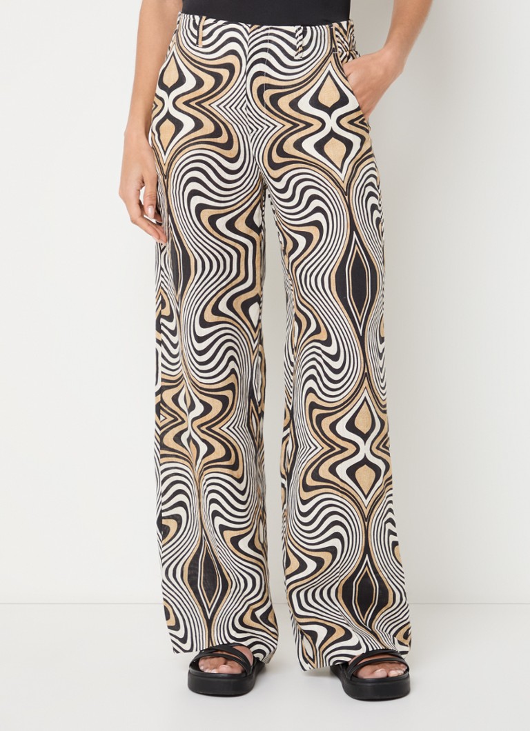 Rosner - Mara high waist wide fit pantalon van linnen met grafische print - Beige