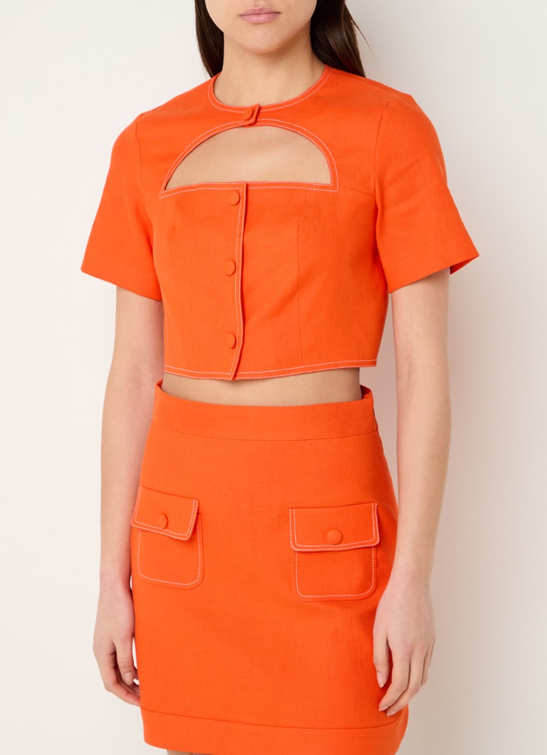 Sandro - Crop top in linnenblend met cut-out detail en siernaad - Oranjerood