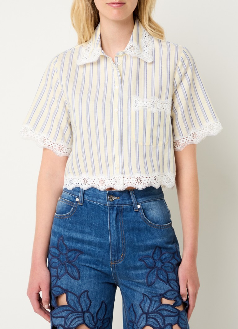 Sandro - Cropped blouse in linnenblend met broderie - Lichtgeel