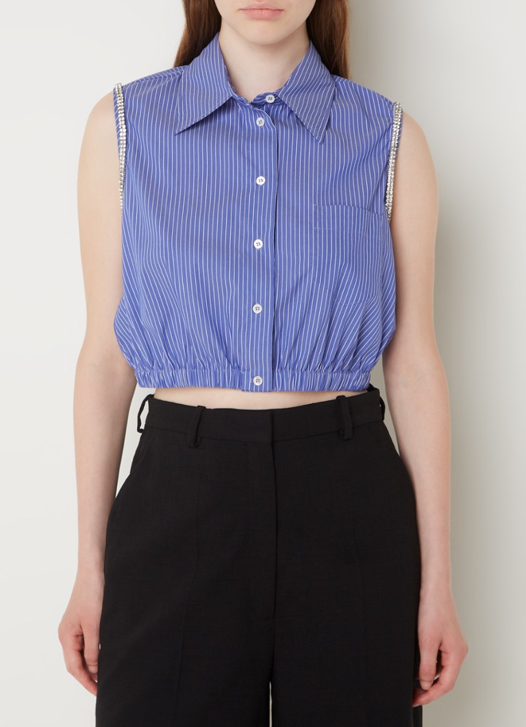 Sandro - Cropped blouse met gestreept dessin en strass - Blauw