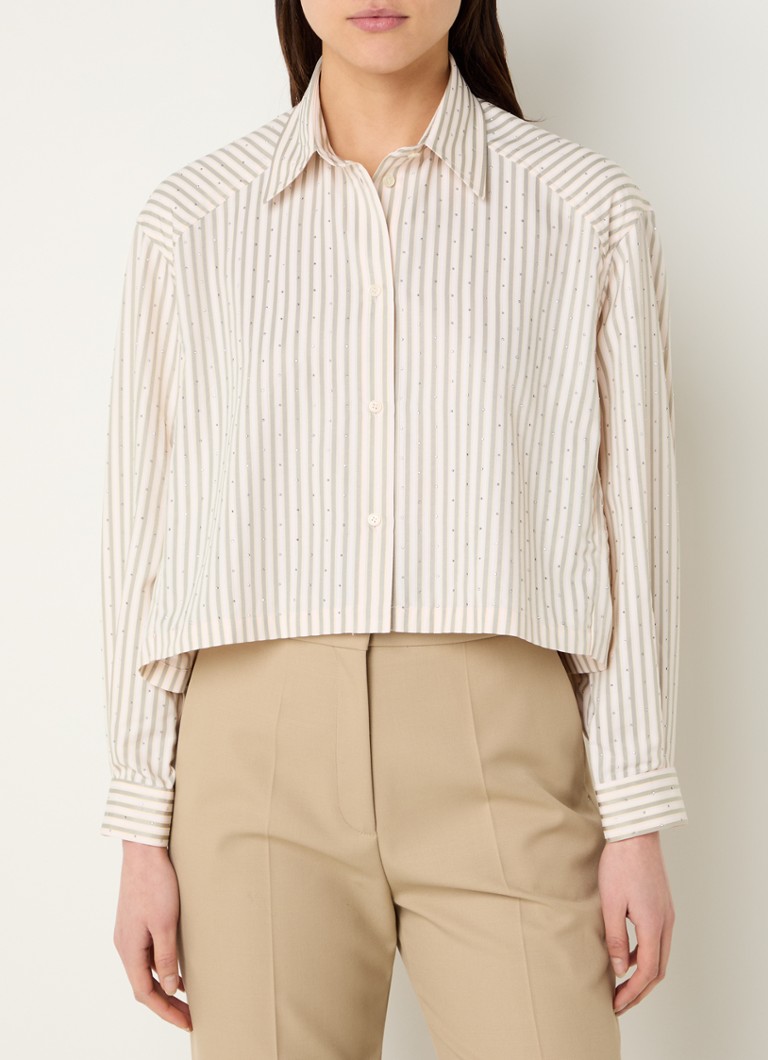 Sandro - Cropped blouse met streepprint en strass - Olijfgroen