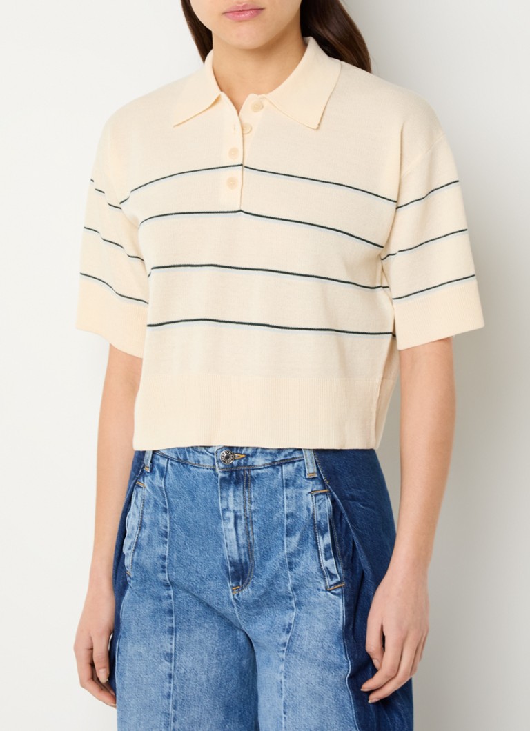 Sandro - Fijngebreide crop top in linnenblend met streepprint en polokraag - Vanillegeel