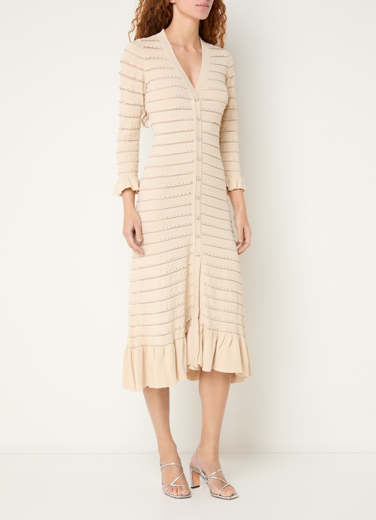 Sandro - Fijngebreide midi jurk met volant en strass - Beige
