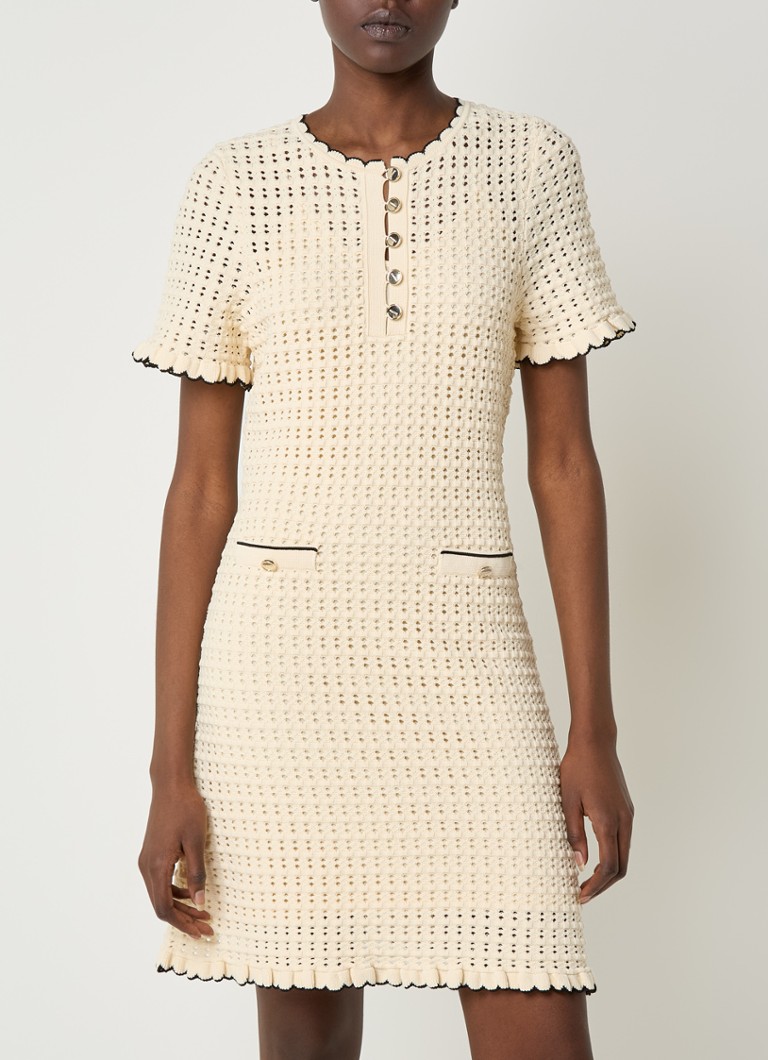 Sandro - Grofgebreide mini jurk met opengewerkt dessin en sierknopen - Beige