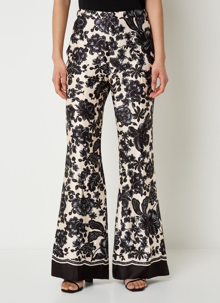 Sandro - High waist flared broek van satijn met bloemenprint - Zwart