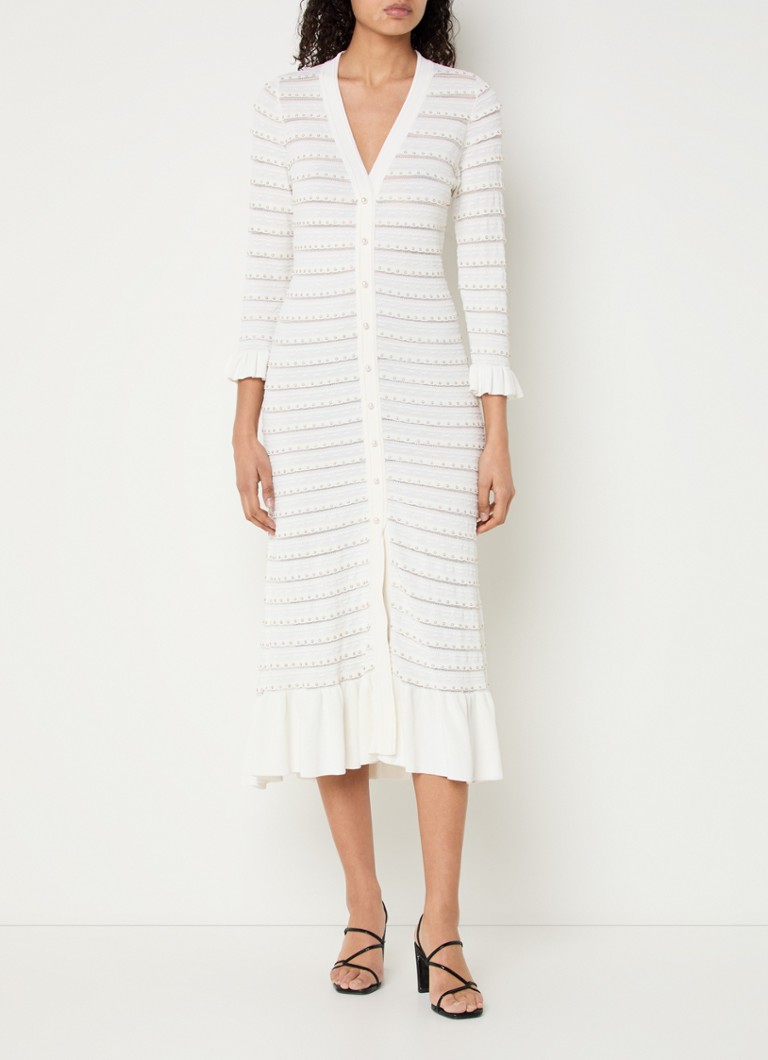 Sandro - Midi blousejurk met opengewerkt dessin en imitatieparels - Beige