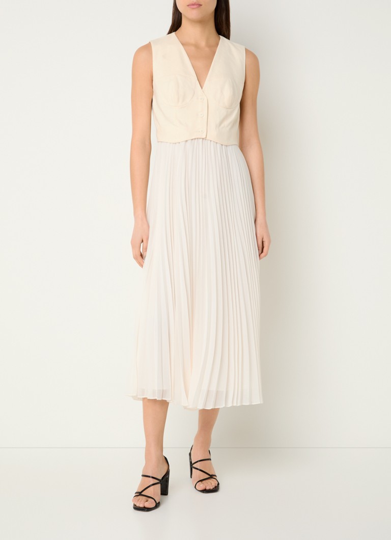 Sandro - Midi jurk in linnenblend met plissé - Creme