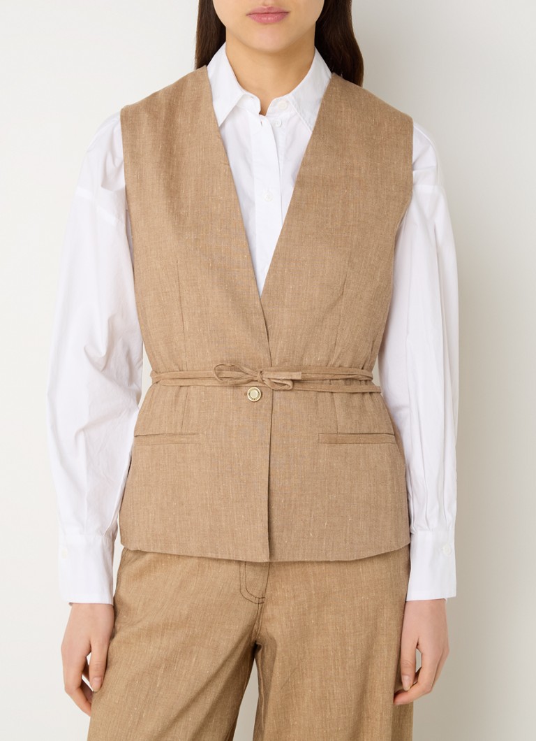 Sessùn - Marcello gilet in linnenblend met strikceintuur - Camel