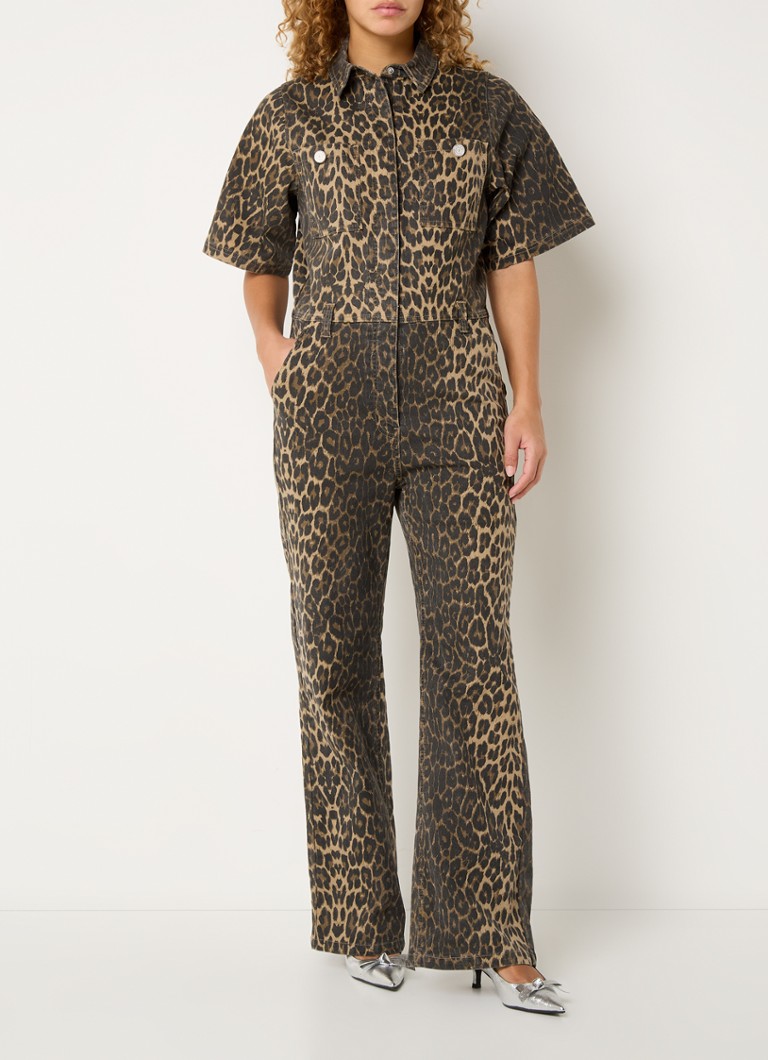 Sofie Schnoor - Wilma wide fit jumpsuit met panterprint en steekzakken - Lichtbruin