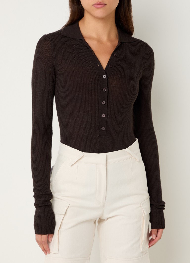 The Frankie Shop - Solana ribgebreide body in kasjmierblend met polokraag - Donkerbruin