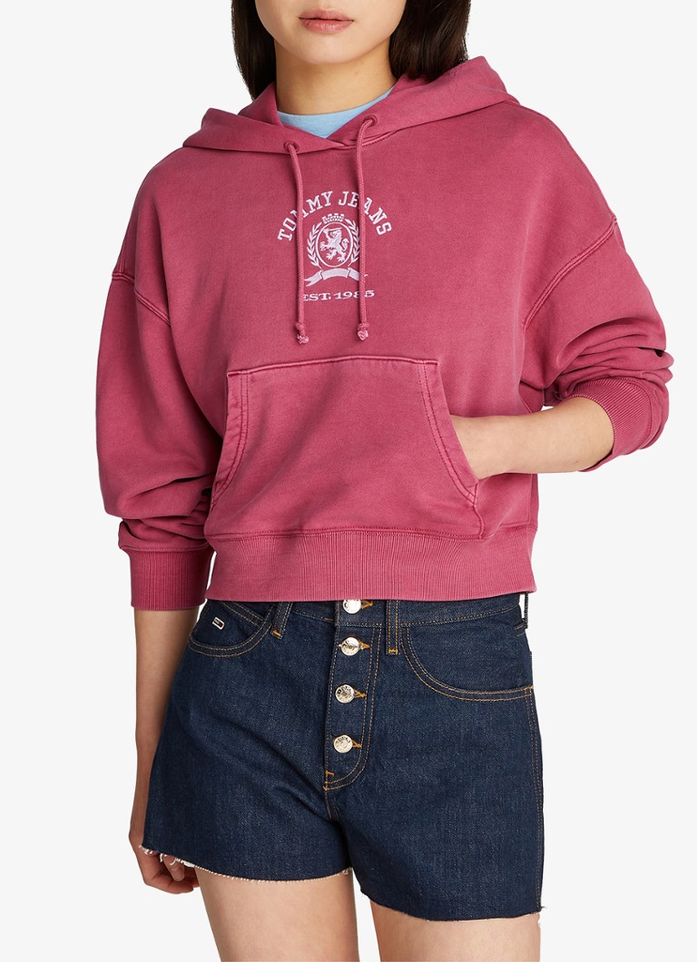 Tommy Hilfiger - Cropped hoodie met logo en kangoeroezak - Roze