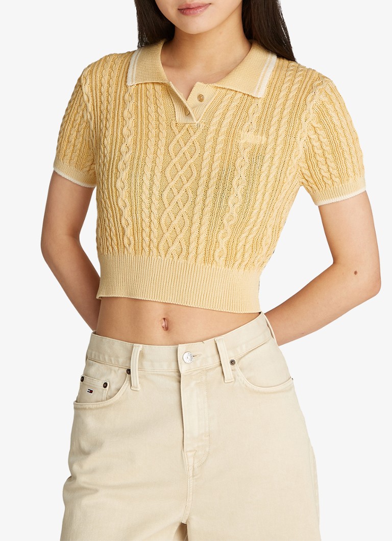 Tommy Hilfiger - Kabelgebreide cropped trui met polokraag - Geel
