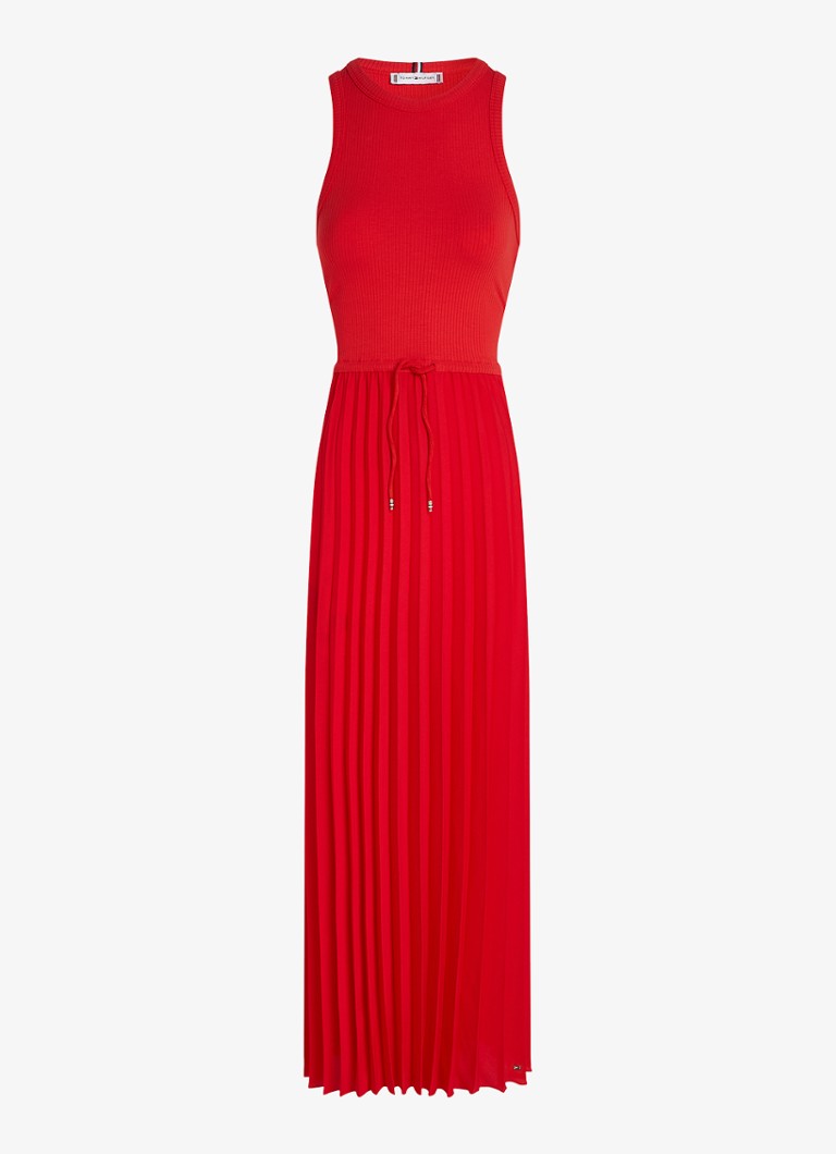 Tommy Hilfiger Midi jurk met plissé en strikceintuur • Rood