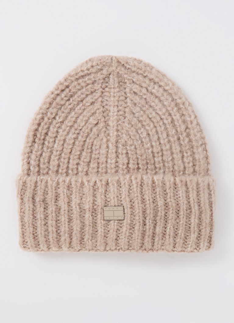 Tommy Hilfiger - Ribgebreide muts in wolblend met logo - Donkerbeige