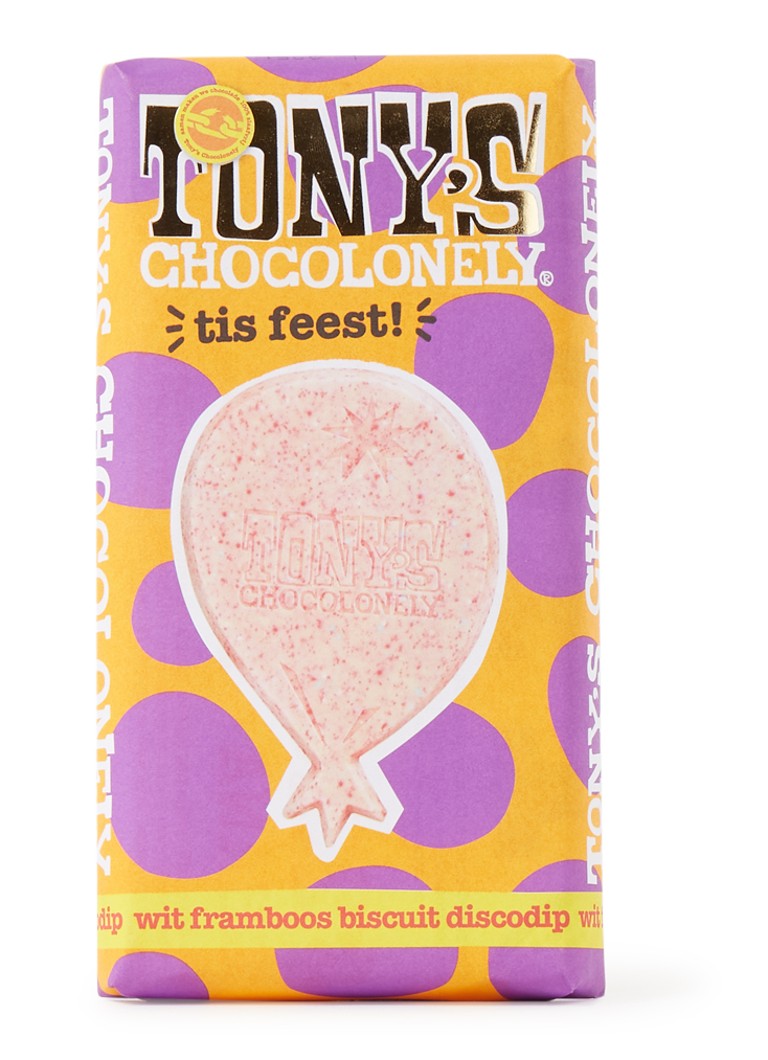 Tony's Chocolonely - Feest Wit Framboos Biscuit Discodip chocoladereep 180 gram - null