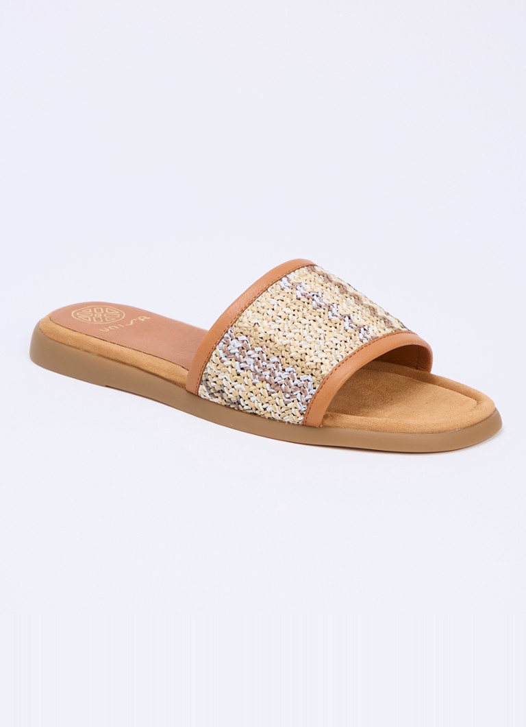 Unisa - Cheek slipper van leer met gevlochten detail - Cognac