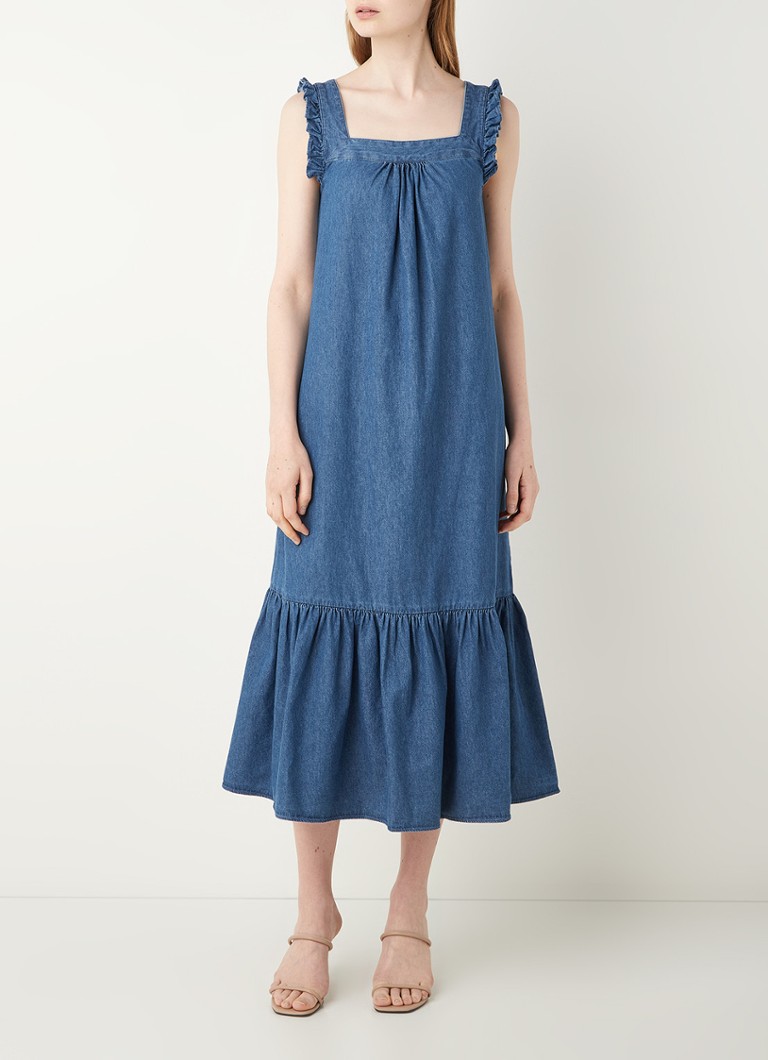 Whistles - Midi jurk van chambray met volant en gestrikt detail - Blauw